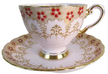 Signed TUSCAN Bone China, Vintage CUP & SAUCER Set, Pink FLORAL Pattern, Heavy Gold Trim