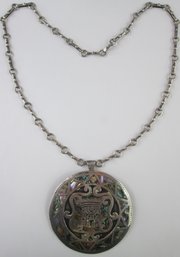 Vintage Chain Necklace, Aztec Mayan Design, Abalone Inserts, Made In MEXICO, Sterling .925 Silver Construction