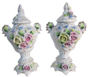 Set Of 2! Vintage Capodimonte Style URNS W/lids, Dimensional Applied FLOWERS, Nicely Detailed, Approx 7' Tall