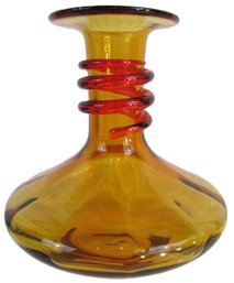 Vintage ART Glass VASE, MCM Styling, Amber Color Applied RED Ribbon, Blown, Appx 6.25' Tall