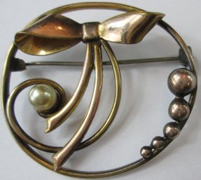 Vintage Brooch Pin, Circular Bow Design, Faux Pearl Detail, Gold Filled Construction