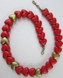 Vintage Bead NECKLACE, Whimsical Red & Gold Color HEARTS, Hook And Loop Closure