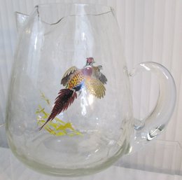 Signed NED SMITH, Vintage Serving PITCHER Jug, Ring Neck PHEASANT & BOBWHITE Bird Decals, Approx 7.5' Tall