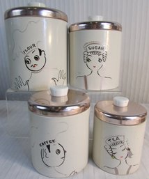 SET Of 4! Vintage RANSBURG Brand, Metal CANNISTERS With Lids, Hand Painted Kitchen Chef Pattern, Appx 9' Tall
