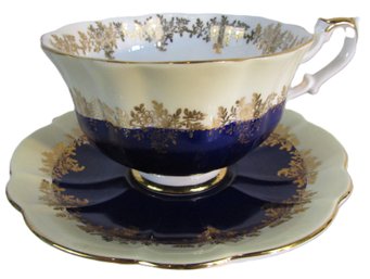 Signed ROYAL ALBERT Bone China, Vintage CUP & SAUCER Set, Cobalt Blue POMPADOUR SERIES Pattern, Gold Trim