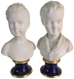 Set Of 2! Signed PUCCI ARNART Busts, Vintage Cobalt Blue Glaze With BISQUE Finish, Made In JAPAN, Approx 8'