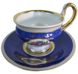 Signed THOMAS China, Vintage DEMITASSE CUP & SAUCER Set, Floral Pattern, Cobalt Blue With Gold Trim, Bavaria