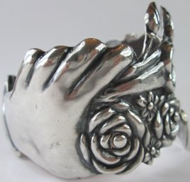 Signed, Vintage Hinged Style CUFF BRACELET, Flowers & Hearts Design, Sterling .925 Silver, MEXICO