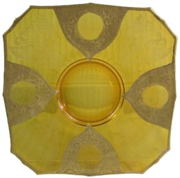 Vintage ELEGANT Glass SERVING PLATE, Intricate GOLD OVERLAY Pattern, Amber COLOR, Appx 10' Across