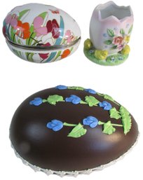 Set Of 3 Pieces! Vintage Novelty EGGS, Decorated BOXES & Open Cup, Ceramic & Porcelain Bases