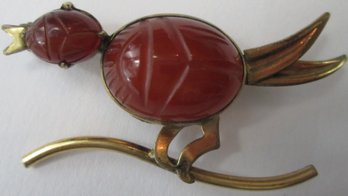 Vintage Brooch Pin, Bird On Twig Design, Carved AMBER Cabochons, Gold Filled Base Metal Setting