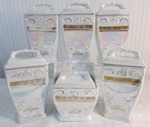 SET Of 6! Vintage MEPOCO Brand, Porcelain CANNISTERS With Lids, Hand Applied GOLD Trim,  Appx 8' Tall