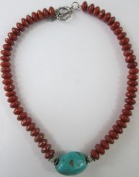 Vintage BEAD Necklace, Faceted ORANGE RED Beads, Large TURQUOISE Pendant, Silver Tone Base Metal Loop & Bar