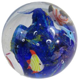 Contemporary Art Glass Paperweight, Multicolor With UNDERSEA FISH Design, SPHERE Shape