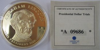 Authentic AMERICAN MINT, Abraham Lincoln Presidential Medal Token, Larger Than Dollar $1.00 Size, Proof