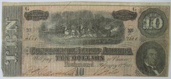 Confederate Bank Note, Dated 1864, Ten $10 Dollar Denomination