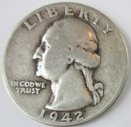 Authentic 1942P WASHINGTON SILVER QUARTER Dollar $.25, PHILADELPHIA Mint, 90 Percent Silver, United States