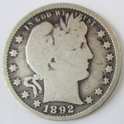 Authentic 1892P BARBER Or LIBERTY SILVER Quarter $.25, First Year Issue, PHILADELPHIA Mint, United States