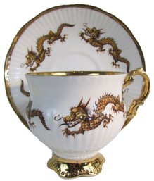 Signed ELIZABETHAN Bone China, Vintage CUP & SAUCER Set, Whimsical DRAGON Pattern, Made In ENGLAND, Gold Trim