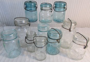 LOT Of 10! Vintage CANNING JARS, Tight Seal, Ball & Atlas Brands, Aqua-Blue & Clear Glass, Up To 7.5' Tall