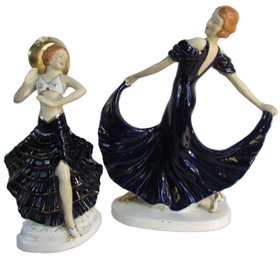 Signed HINODE, Vintage DANCING Figurine, COBALT BLUE Glaze & Gold Trim, Nicely Detailed, Approx 9.5' Size
