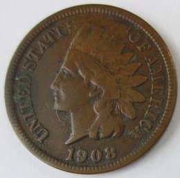 Authentic 1908S INDIAN Cent Penny $.01, SAN FRANCISCO Mint, Discontinued Style, United States Type Coin