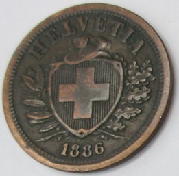 Authentic SWITZERLAND Issue Coin, Dated 1866B, Two 2 RAPPEN, Discontinued Design, Bronze Content