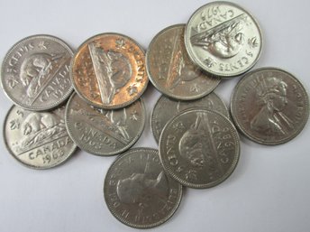 SET Of 10 COINS! Authentic CANADA Issue, BEAVER NICKELS $.05, Mixed Dates, Discontinued Type Coins