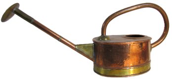 Signed JOHN PAUL THEVENOT, Vintage Long Neck WATERING CAN, Brass Band & COPPER Finish, Large Approx 20'