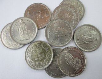 Set 10 Coins! Authentic Switzerland Issue Coins, Mixed Dates, Half 1/2 Swiss Franc, Copper Nickel Content