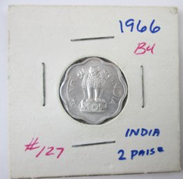 Authentic INDIA Issue Coin, Dated 1966, Two 2 Paise Denomination, Features ASHOKA LION, Discontinued Style