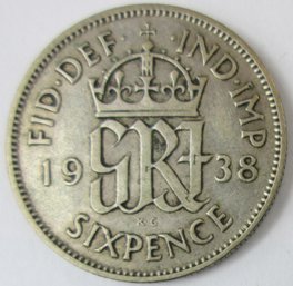 Authentic UNITED KINGDOM, Great Britain Issue Coin, Dated 1938, Six 6 Pence, Depicts George VI, Silver Content