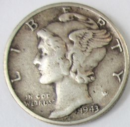 Authentic 1943P MERCURY SILVER DIME $.10, PHILADELPHIA Mint, 90 Percent Silver, Discontinued, United States