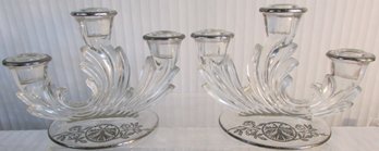 Vintage FOSTORIA Brand, Elegant Triple Arm CANDLESTICKS, Crystal With Sterling 925 Silver Overlay, Appx 5.5'