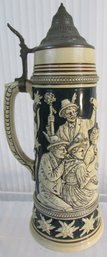Vintage GERMANY STEIN, Hand Decorated, Festive TAVERN Scene, Hinged Metal Lid, Appx 13.5' Tall