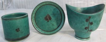 Set Of 3pieces! Vintage GUSTAVSBERG ARGENTA Pottery, Green NOVELTY Pattern, Made In SWEDEN, Approx 15'