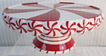 Vintage Cake Stand, Red & White PEPPERMINT CANDY CANE Pattern, Pedestal Base, Appx 12' Diameter