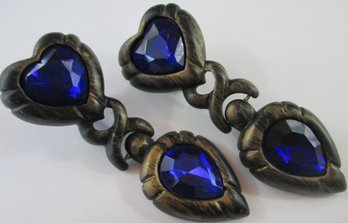 Contemporary PAIR Clip DANGLE EARRINGS, Heart Design, Cobalt BLUE Stones, Lightweight Settings