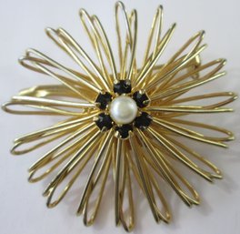 Vintage WIRE BROOCH PIN, Floral Design With  Rhinestones & Faux Pearl, Gold Tone Base Metal Finish