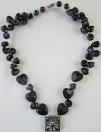 Contemporary Single STRAND NECKLACE, Lightweight Black Beads, Rhinestone Pendant, Silver Tone Base Metal