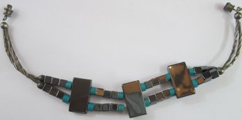 Contemporary BRACELET, Angular HEMATITE & Turquoise Blue Beads, Silver Tone Base Metal Barrel Closure