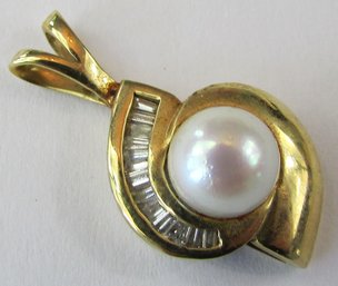 Vintage SBI Drop Pendant, Cultured PEARL, Diamond Baguette Accents, Yellow 14K GOLD Setting