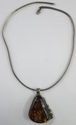 Vintage Chain Necklace, Large Natural Shape Polished AMBER Insert, Sterling .925 Silver Setting, Made ITALY