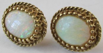 Vintage PAIR Pierced EARRINGS, Colorful OPAL Cabochon Accents, Detailed Frame, Yellow 14K GOLD Settings