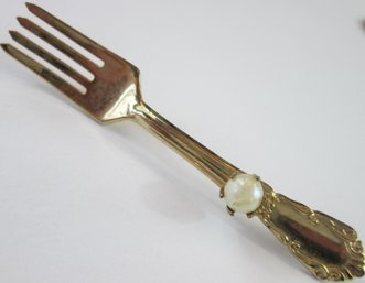 Vintage Brooch Pin, Flatware FORK With Faux Pearl, Lightweight Gold Tone Base Metal Construction