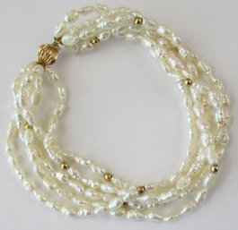 Vintage Multi STRAND Bracelet, Irregular Freshwater PEARLS, Yellow 14 K Gold Clasp & Accent Beads