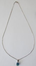 Signed TECHNICOLE Chain Necklace, Faceted AQUA BLUE Stone, 14K WHITE GOLD Setting& Chain