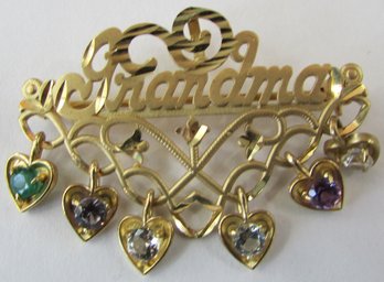 Vintage 'GRANDMA' Brooch Pin Pendant, Multicolor HEART Shaped Accents, Yellow 14K Gold Setting
