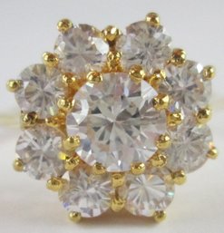 Vintage Finger Ring, Sterling .925 Silver Setting, Gold Plated, Nine 9 Cluster CUBIC ZIRCONIA, Approx Size 6.5