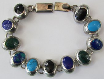 Vintage Link Bracelet, Multicolor Polished OVAL Cabochons, Sterling .925 Silver Setting, MEXICO, Clasp Closure